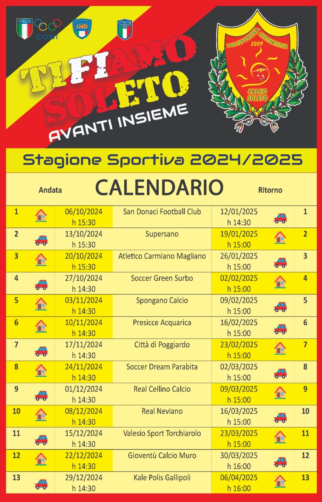 Calendario partite stagione 2024/2025